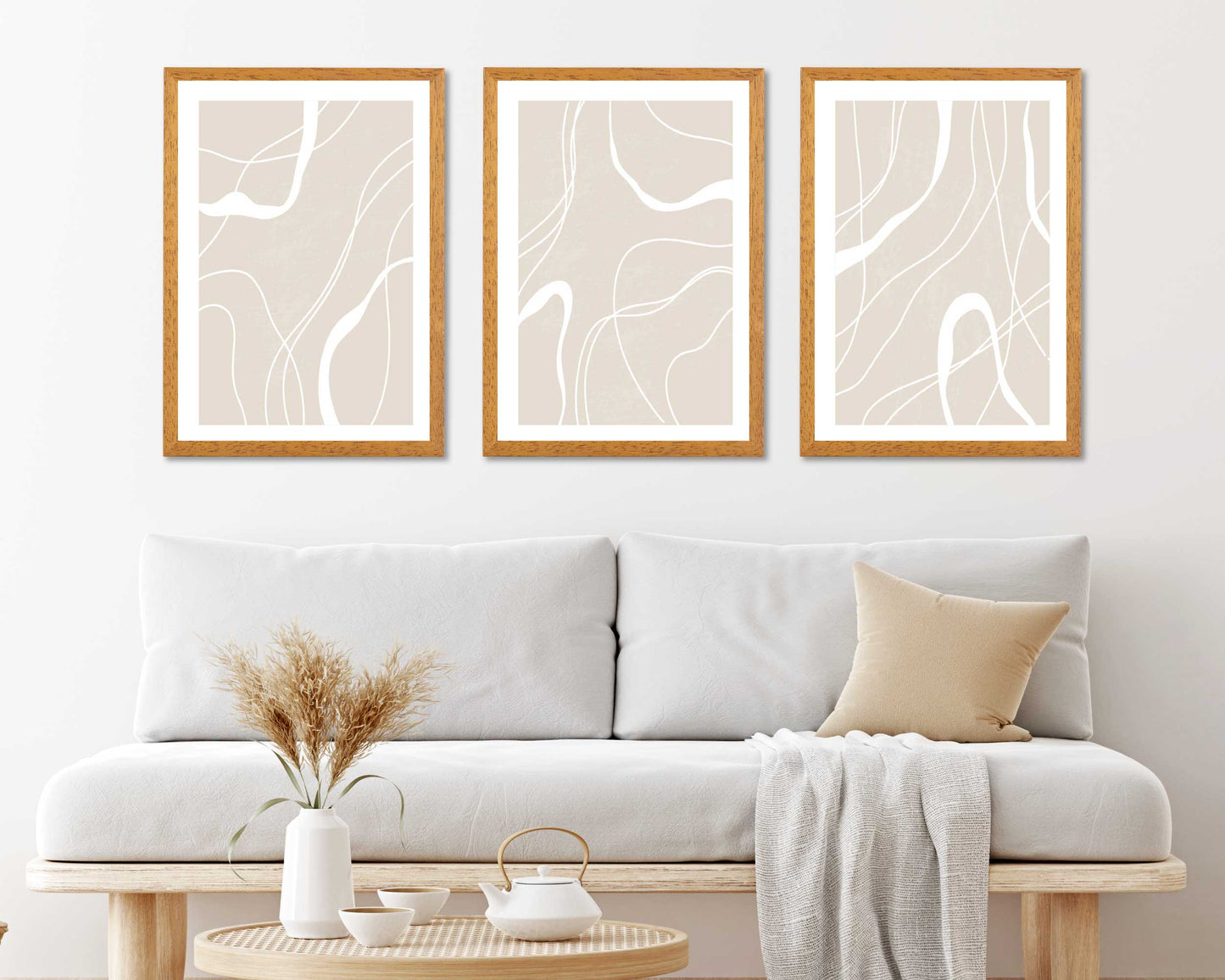 Set of 3 Abstract Beige, White Lines