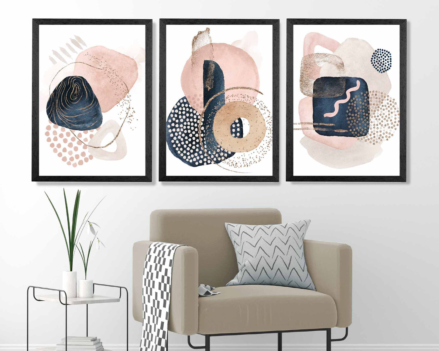 Set of 3 Abstract Pink, Blue Painted Shapes